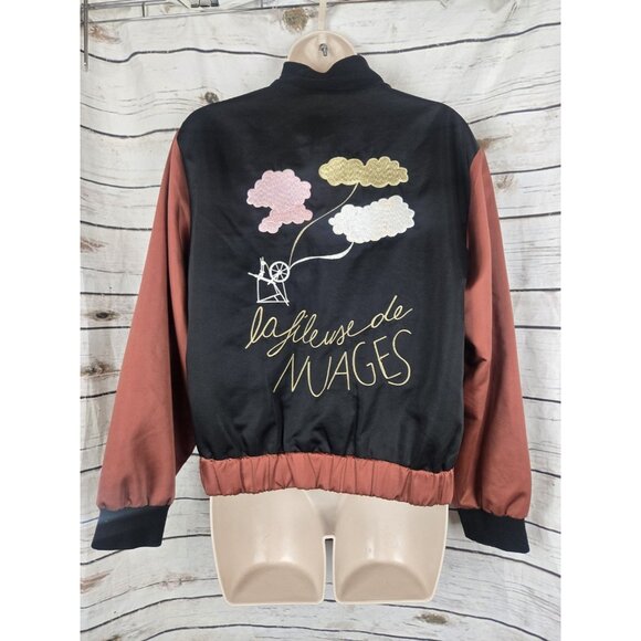 Stine Goya Embroidered Bomber Jacket Womens L Satin Full Zip Brown Black - Picture 4 of 12